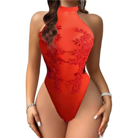 Women Teddy Lingerie Sexy Mesh Bodysuit Light Red - Picture 2 of 6